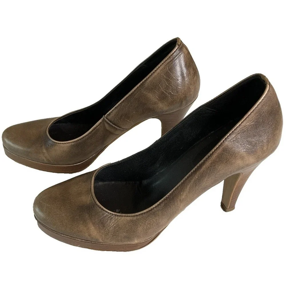 Jonak Paris Brown Leather Round Toe Block Platform Chunky Heels Retro Y2K 39 / 8